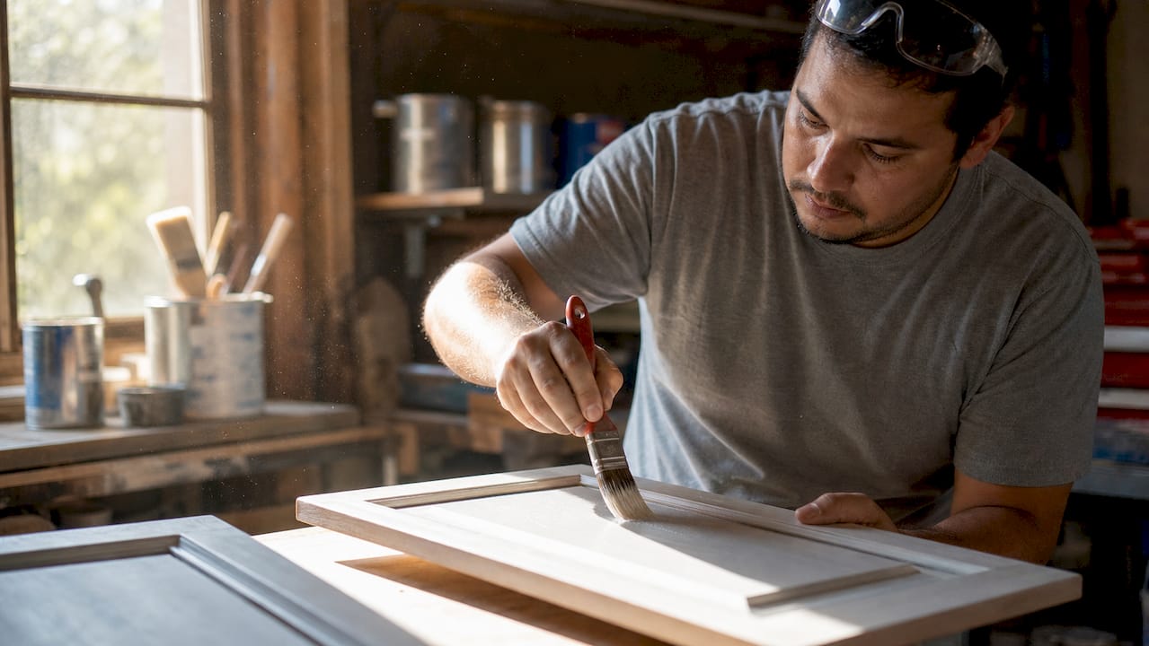 Cabinet painter sanding wood cabinet door