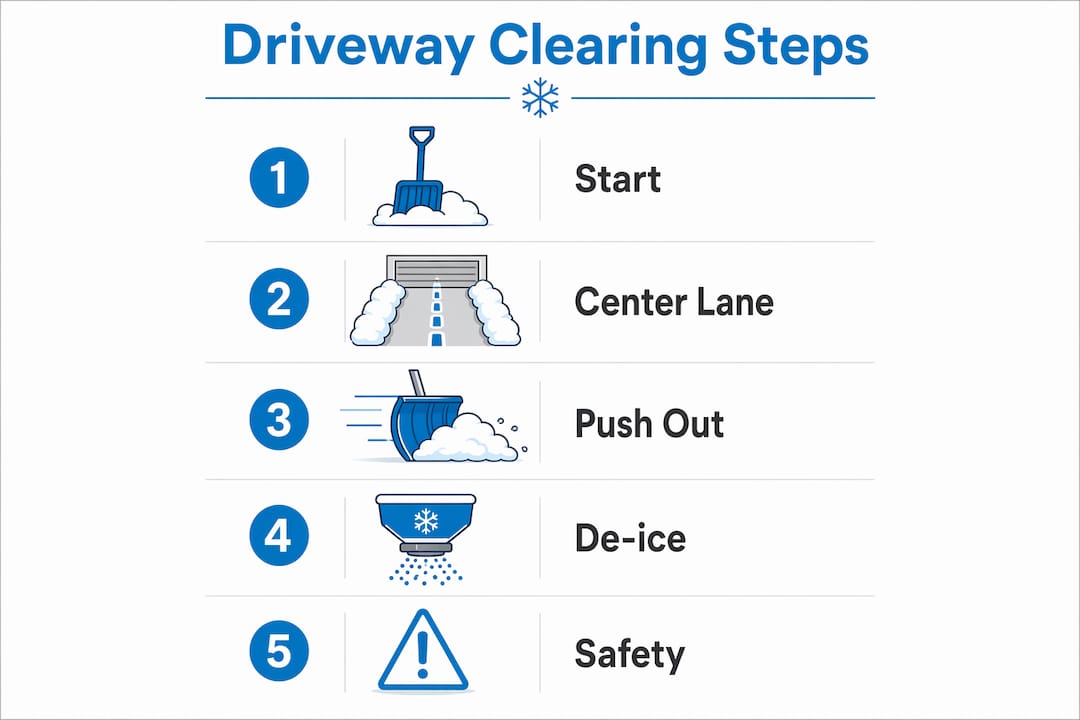 Infographic showing post-snowstorm driveway clearing steps