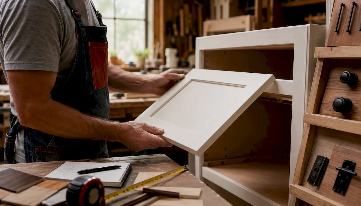 Hands installing Shaker style cabinet door