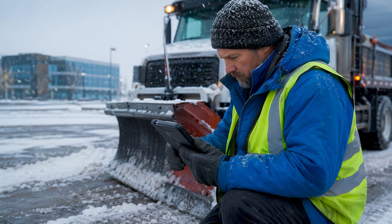 Field crew member using snow removal app on tablet