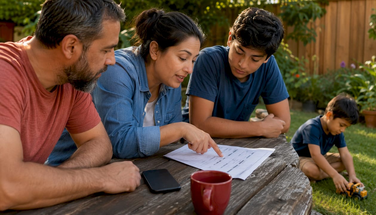 Family reviewing refinishing schedule around table
