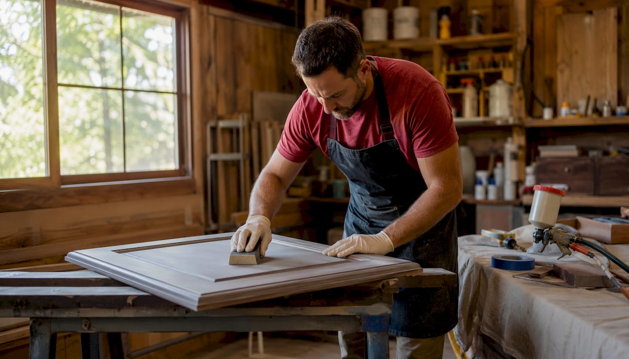 Sanding hands on cabinet door close-up