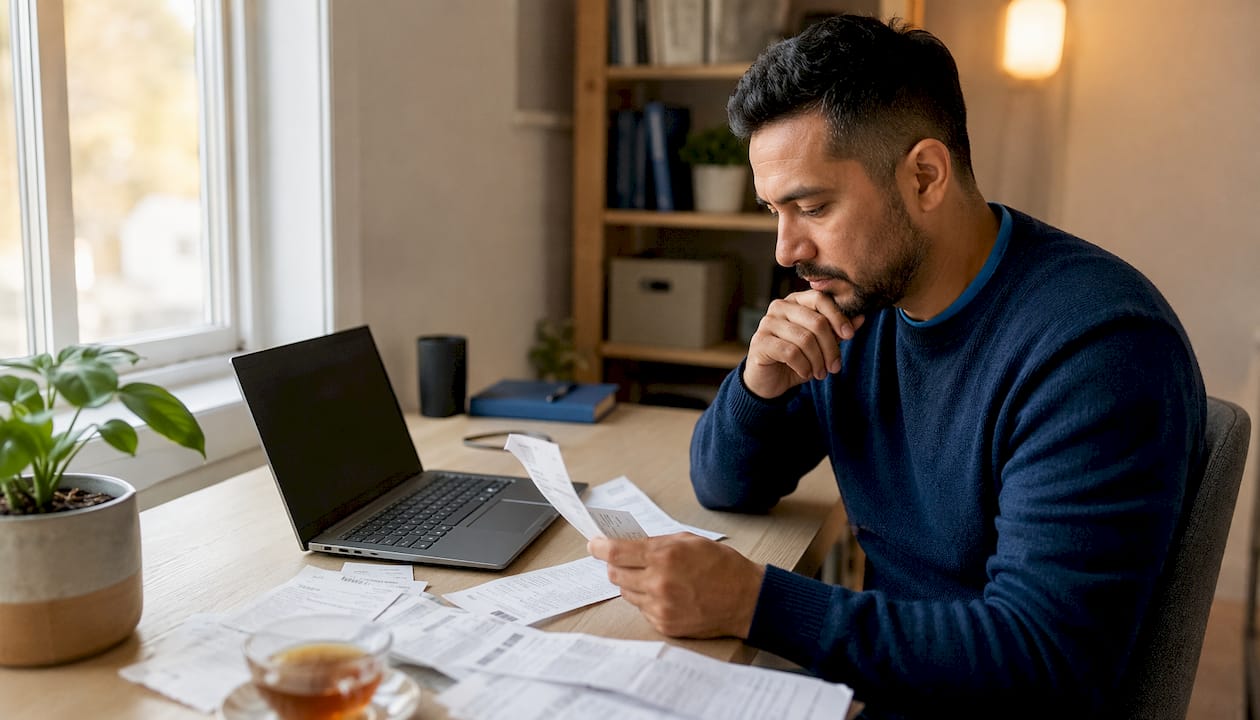 Man budgeting winter expenses at kitchen table