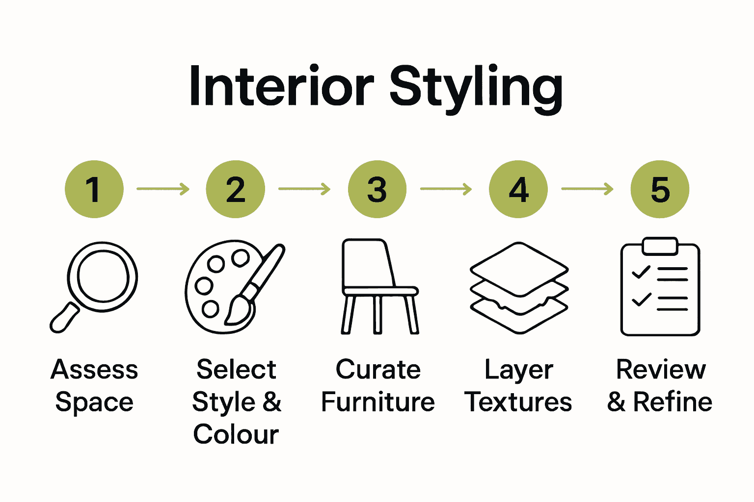 Infographic detailing 5 steps of interior styling process with icons.