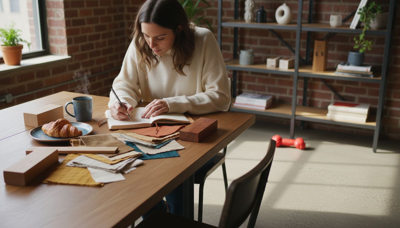 Designer sorting materials at rustic table