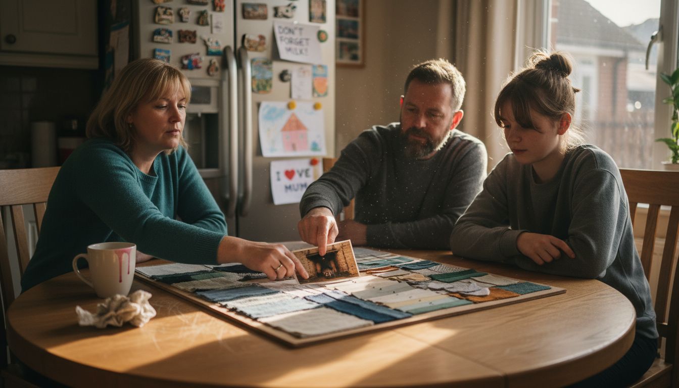 Family discussing home interior mood board