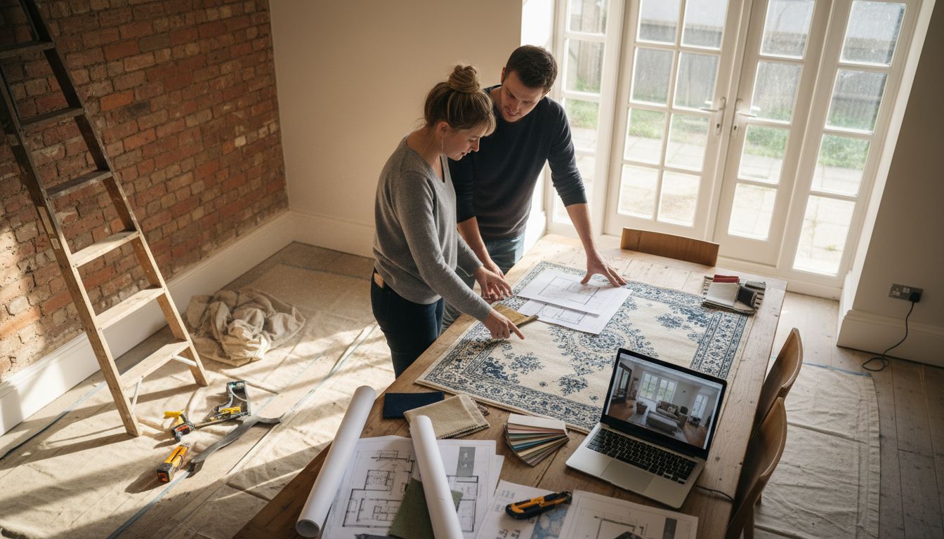 Interior Design Process Guide for Bespoke Home Refurbishments 1 Couple planning with design sketches and laptop