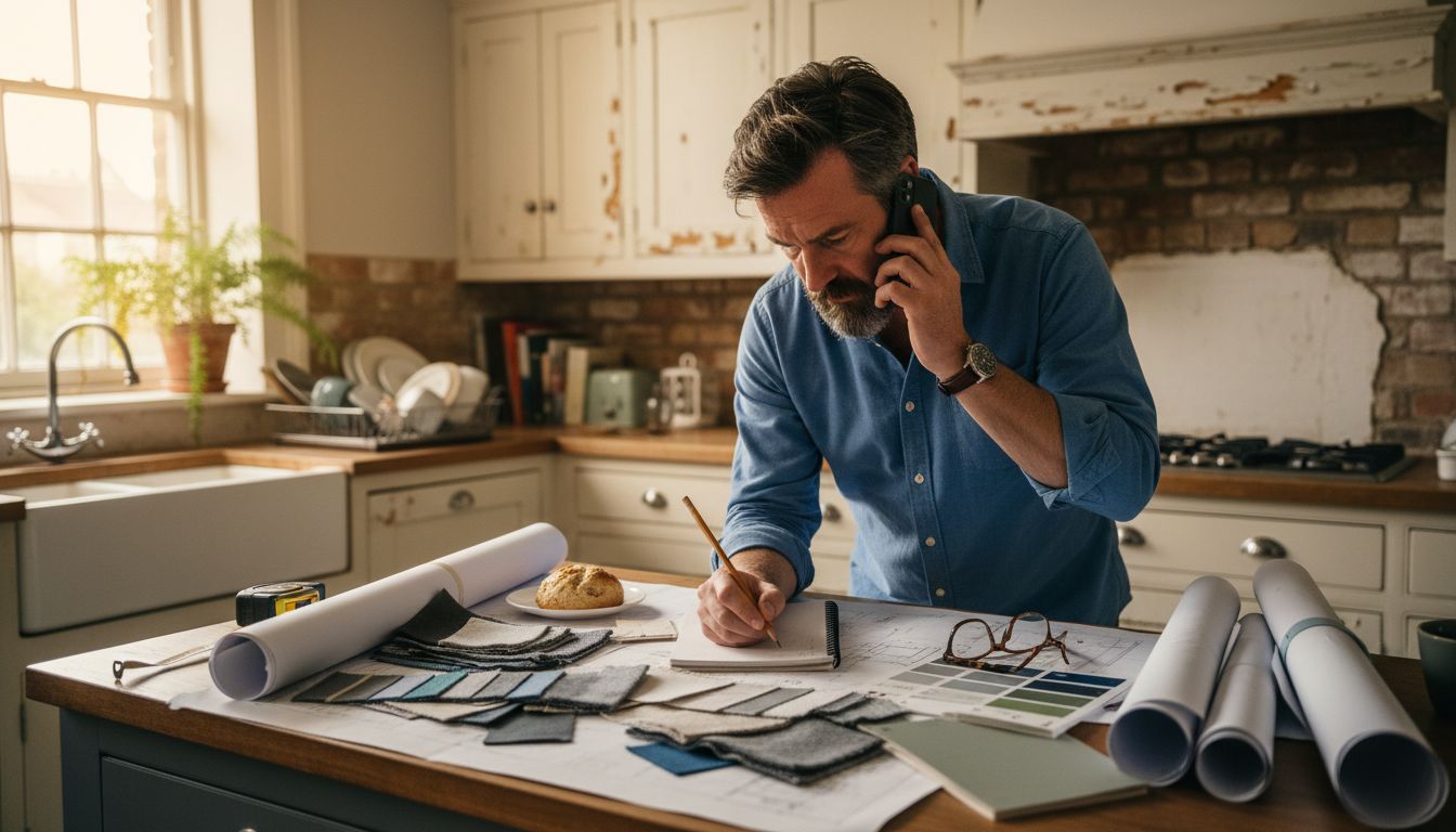 Designer multitasking with plans and phone