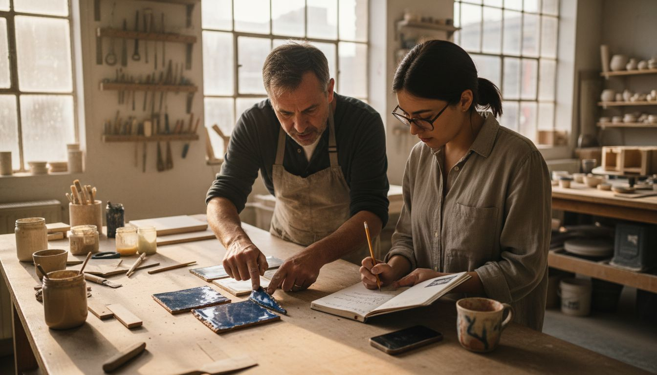 Designer collaborating with local artisan in studio