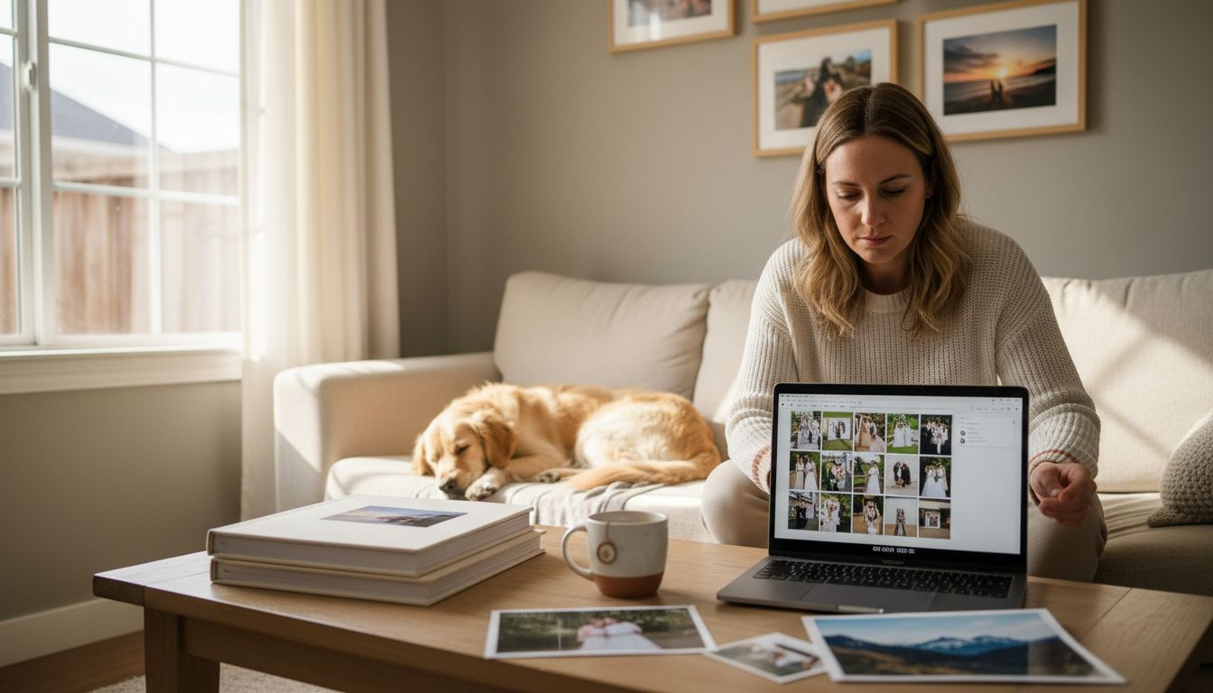 O femeie răsfoiește și alege pozele de la nunta ei pe laptop.
