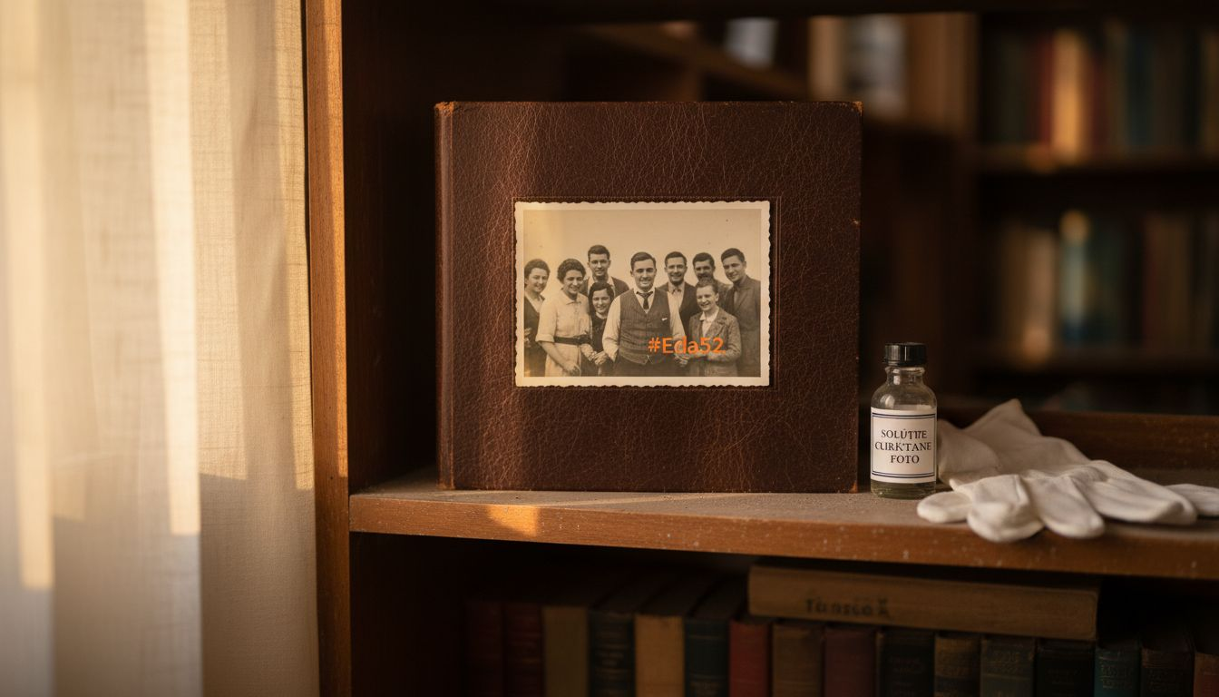 Album foto păstrat cu grijă pe raft, manipulat doar cu mănuși