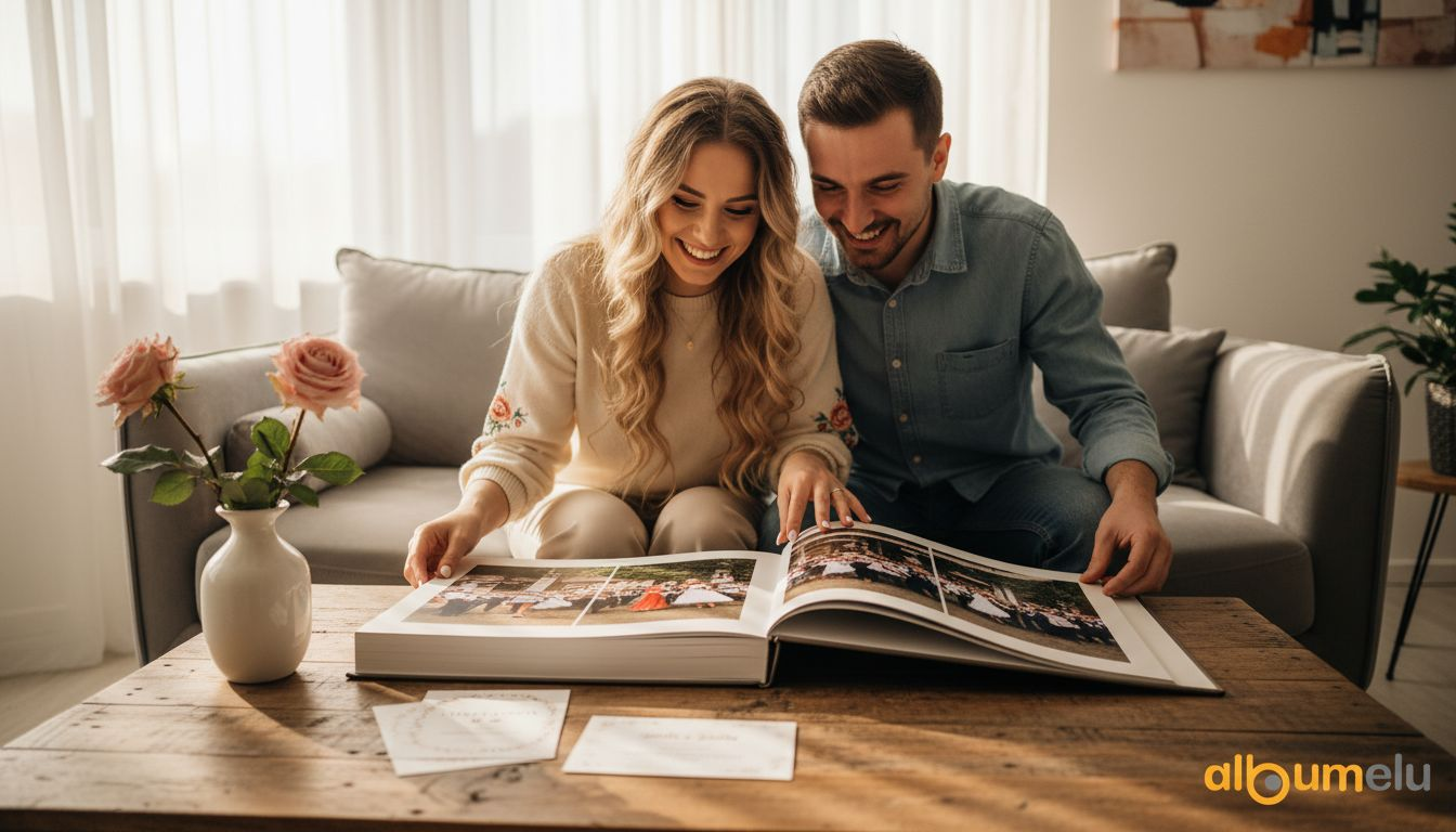 Proaspăt căsătoriți, cei doi răsfoiesc împreună albumul cu fotografii de la nuntă, zâmbind și retrăind cele mai frumoase momente.