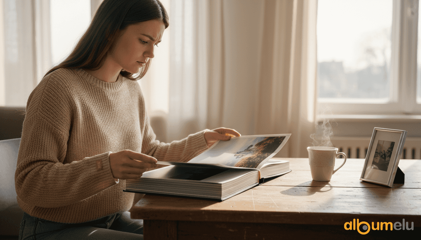 O femeie stă la masă și răsfoiește un album foto cu o tematică specială.