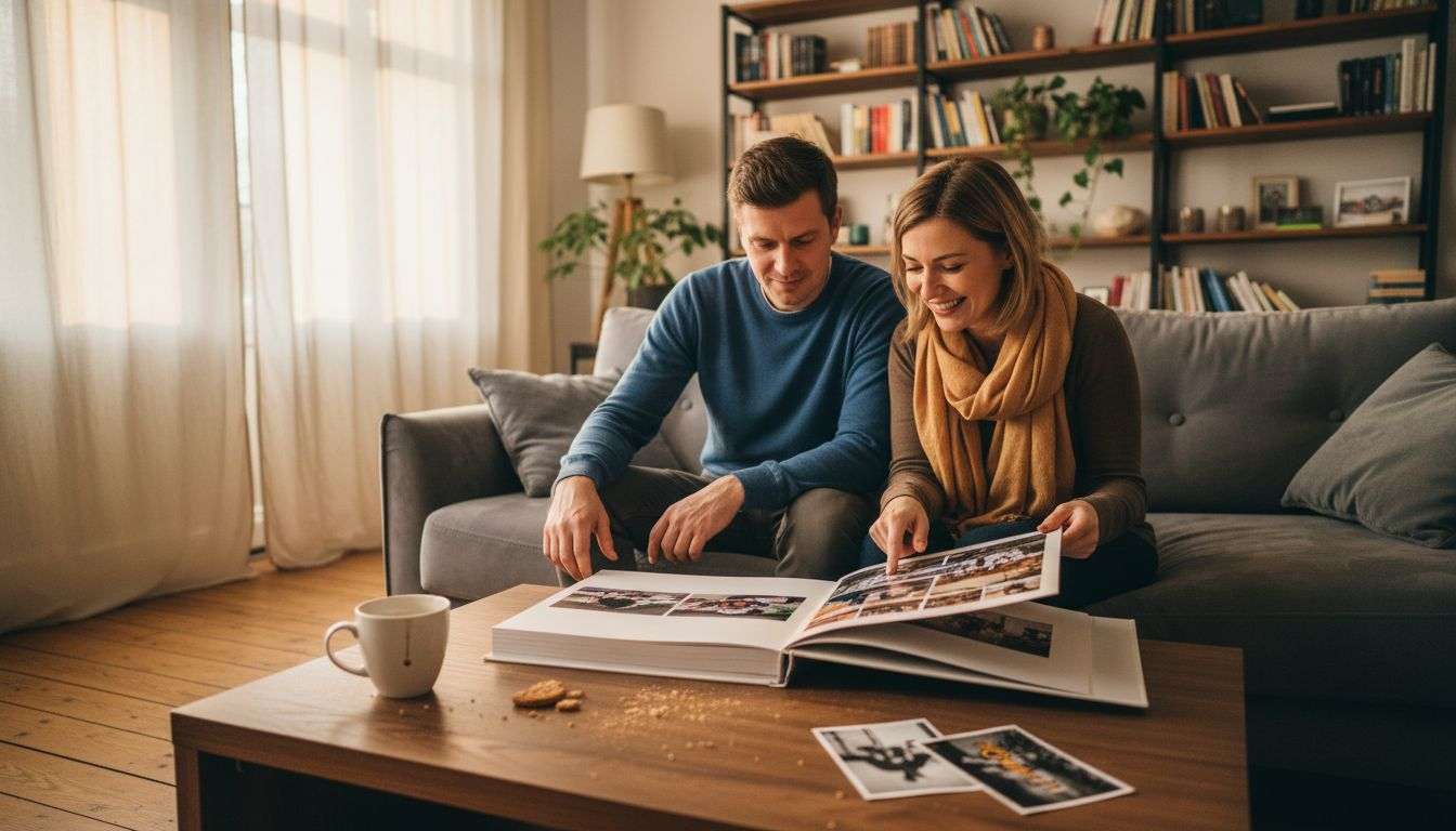 Un cuplu răsfoiește împreună, acasă, un album foto primit cadou, retrăind amintiri dragi.