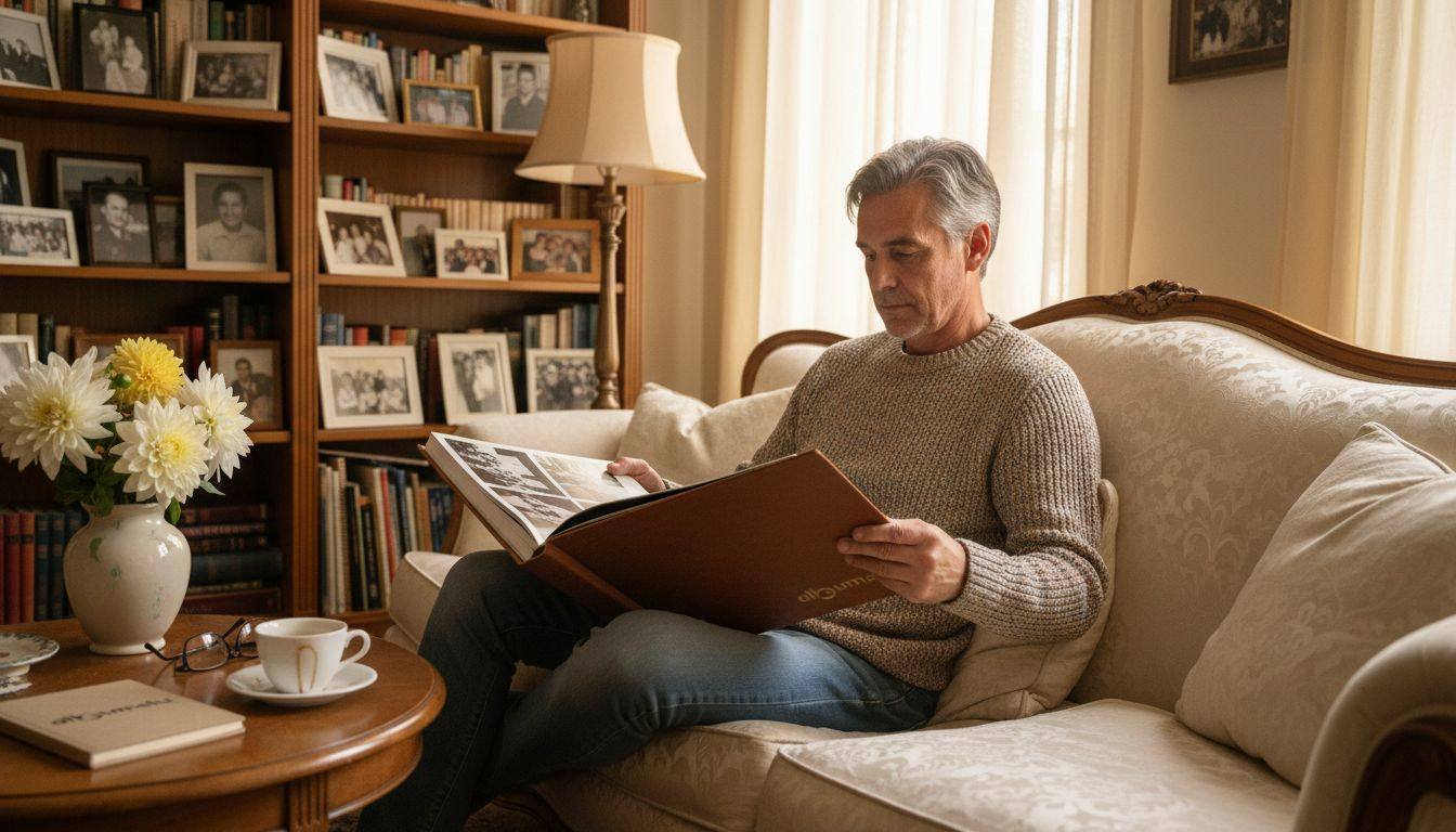 Un bărbat răsfoiește cu nostalgie un album cu fotografii, așezat confortabil într-un living decorat în stil clasic.