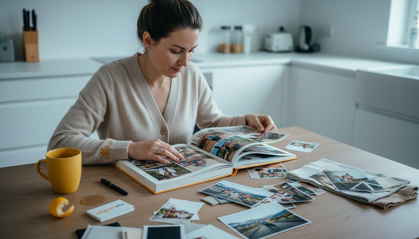 O femeie răsfoiește și selectează poze pentru a le include într-un album foto.