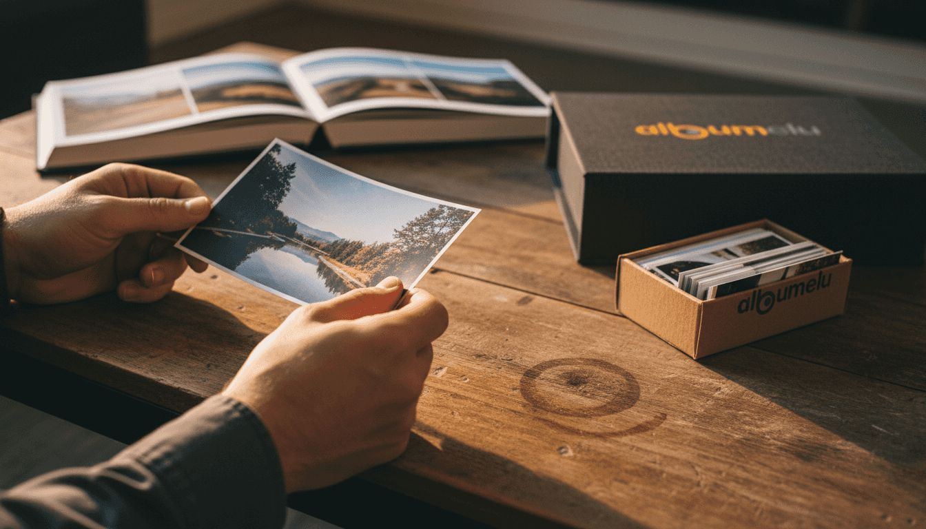 O mână care ține o fotografie tipărită pe hârtie groasă