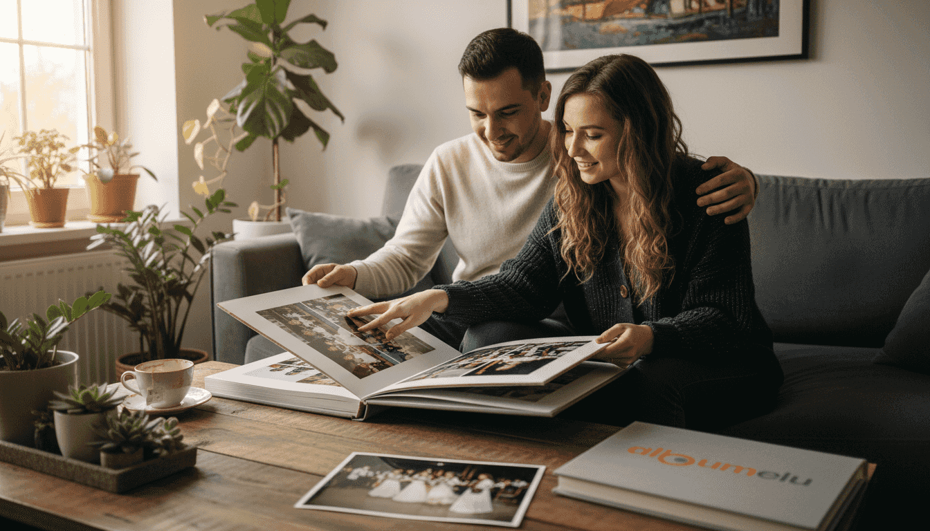 Un cuplu stă pe canapea și răsfoiește cu emoție albumul de la nuntă, retrăind momentele speciale din acea zi.
