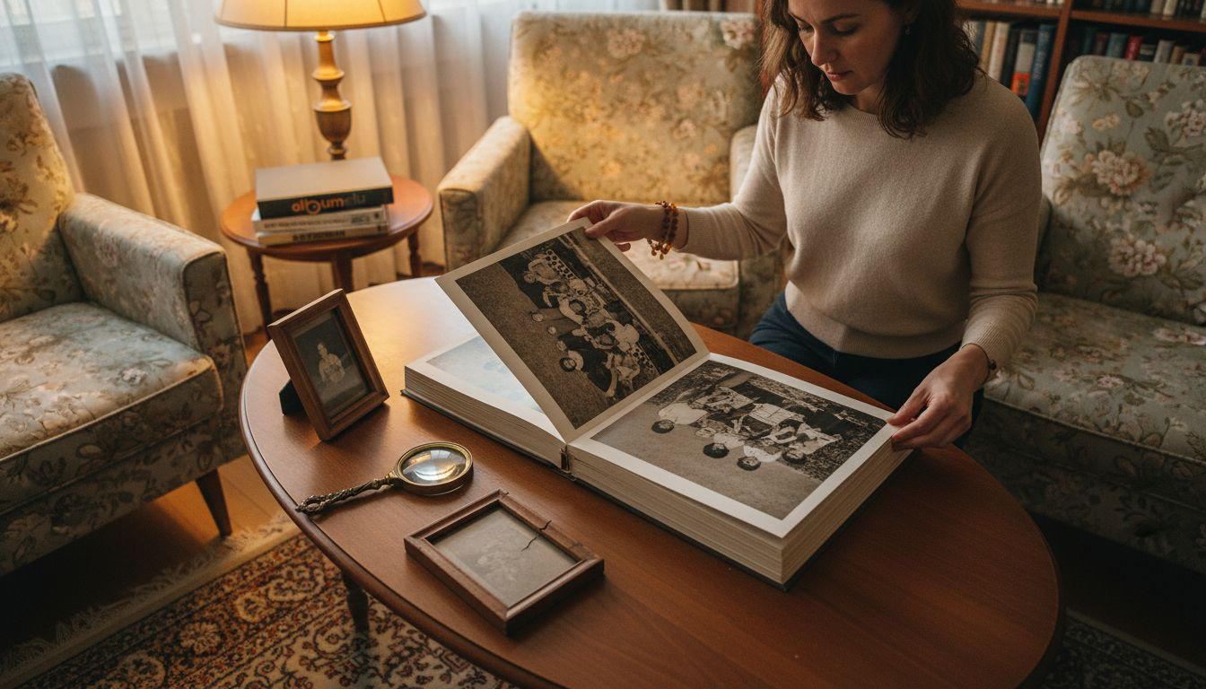 O femeie răsfoiește un album vechi, plin de amintiri care îi trezesc nostalgia.