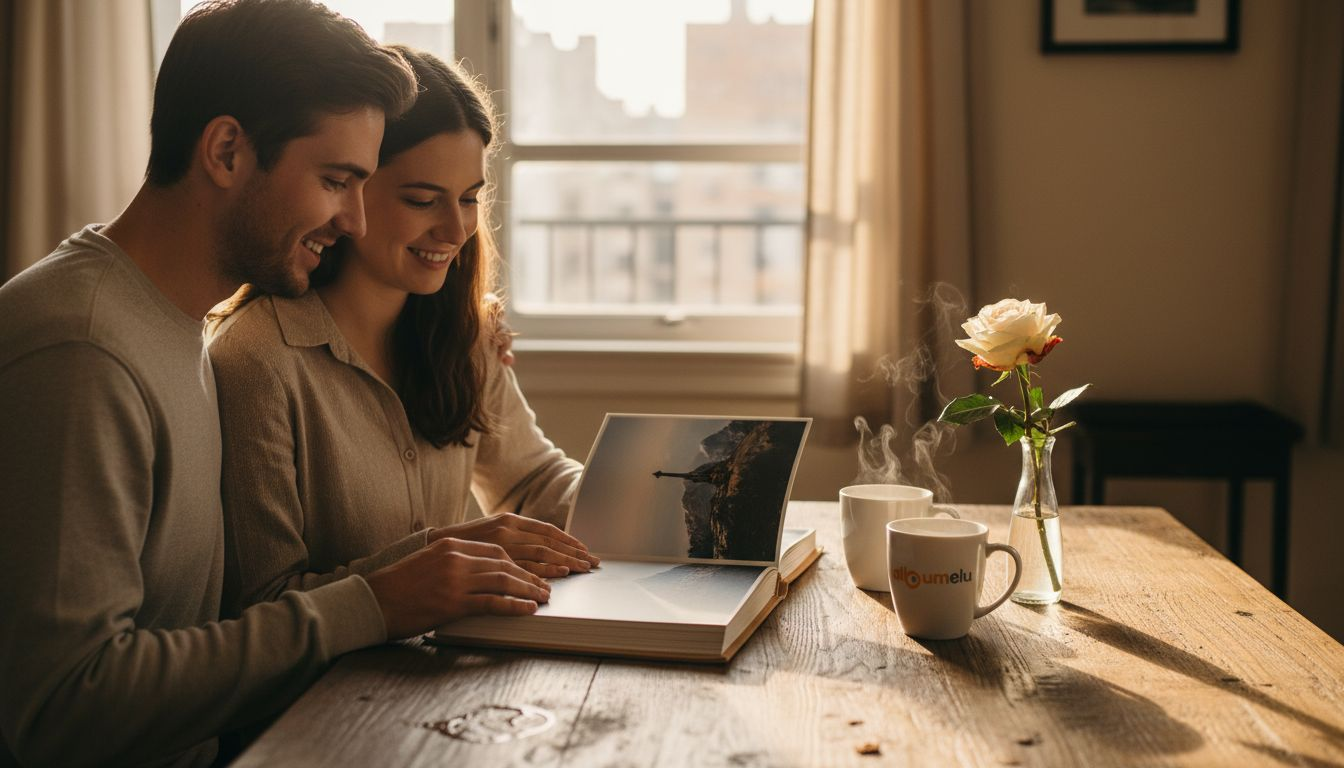 Un cuplu care răsfoiește împreună, acasă, albumul cu fotografii de la nuntă