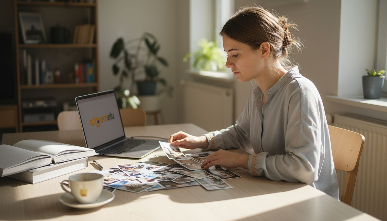 O femeie răsfoiește și alege fotografii pentru a-și crea un album personalizat