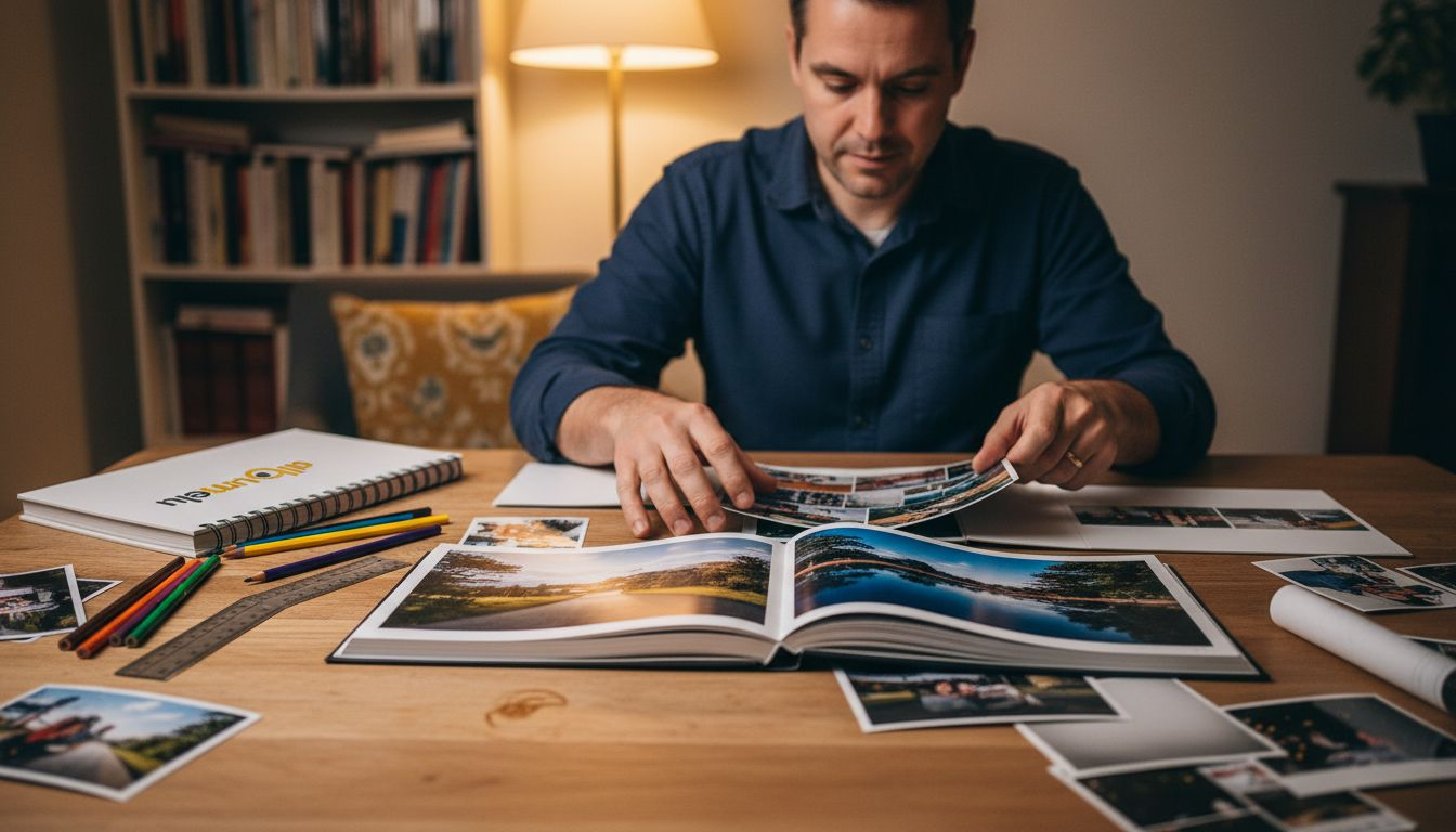Un bărbat aranjează paginile unui album foto, punând în ordine imaginile și detaliile pentru un aspect cât mai plăcut.