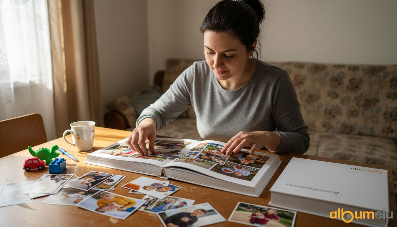 Mama își pune amintirile în ordine, lipind cu grijă poze într-un album creat special pentru familie.