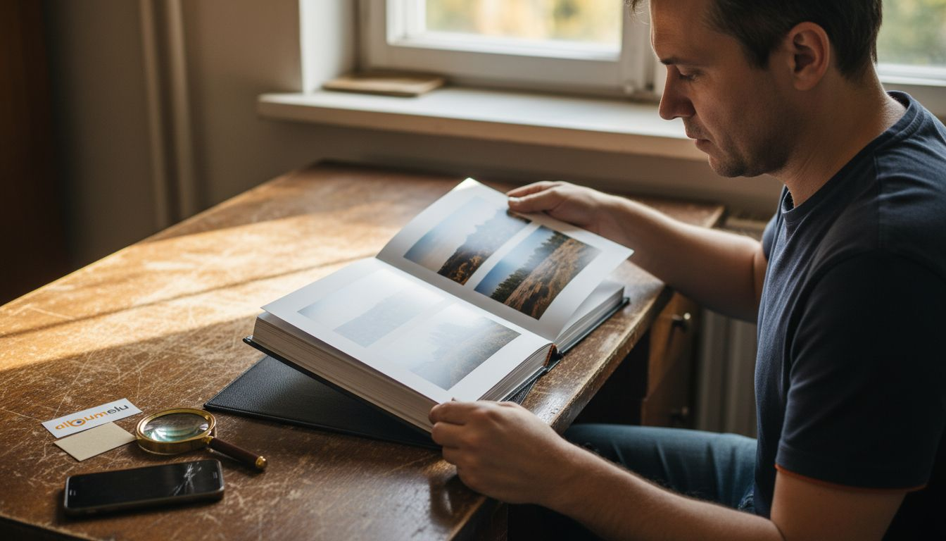 Un bărbat răsfoiește atent un album premium, rezistent și de calitate.