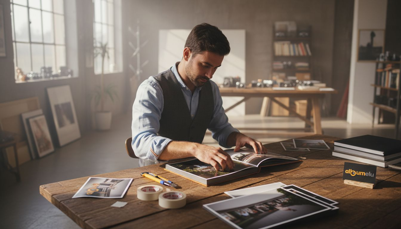 Un bărbat își pune amintirile în valoare, creând un album foto personalizat.