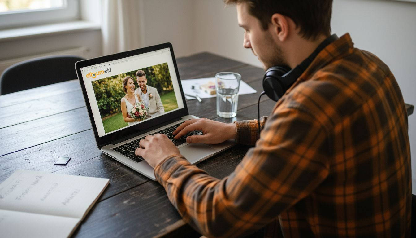 Un bărbat analizează calitatea unei fotografii pe laptop.