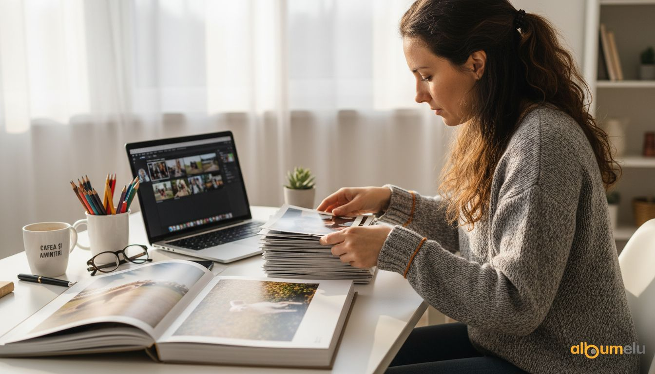 O femeie sortează fotografii printate la masa din sufragerie, rememorând momente dragi din trecut.