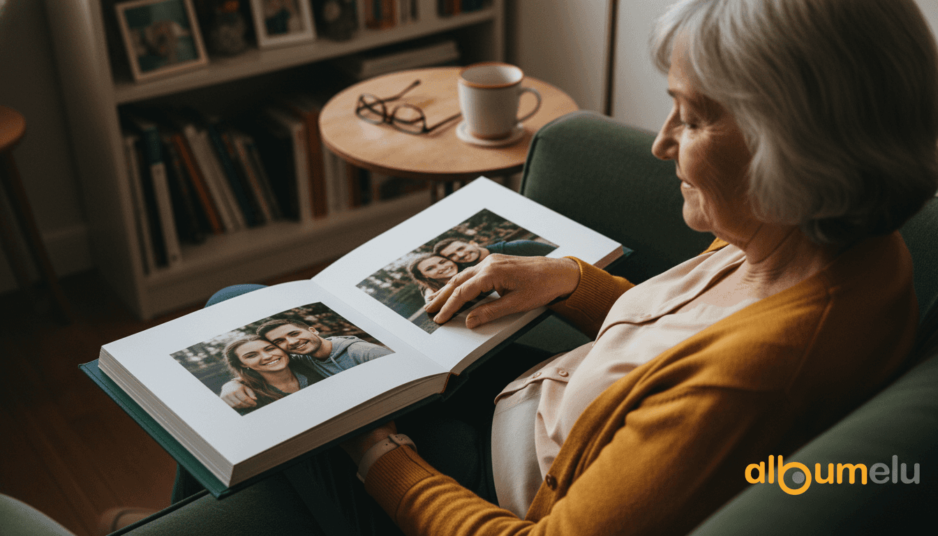 O femeie răsfoiește cu melancolie vechiul album de fotografii, lăsându-se purtată de amintiri.