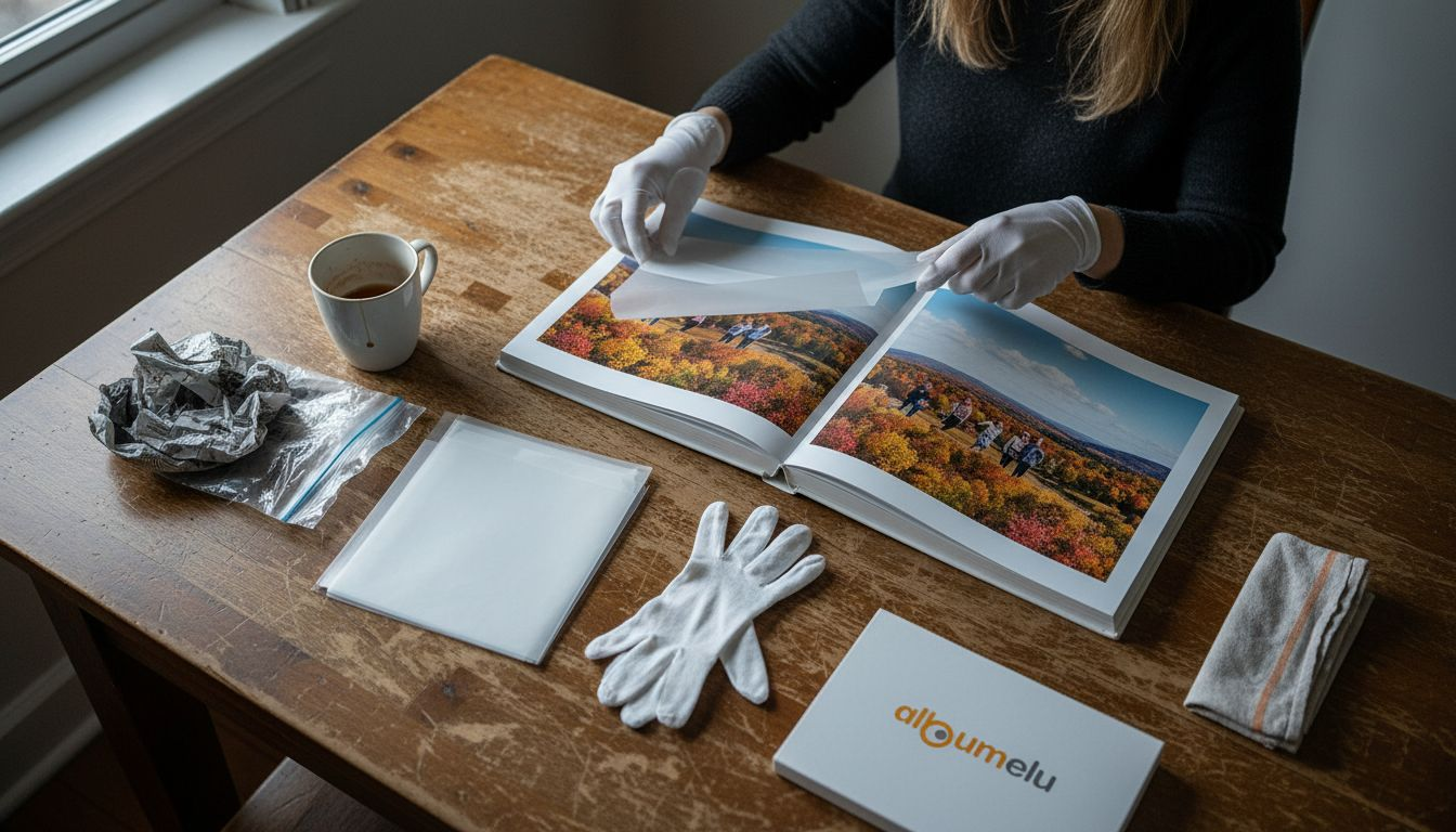 O femeie analizează și alege materiale pentru a-și proteja fotografiile.