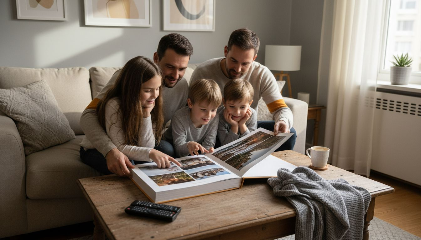 O familie răsfoiește împreună un album cu fotografii, așezată comod pe canapea și retrăind amintiri dragi.