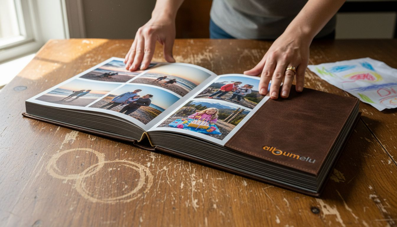 Album foto de familie cu copertă tare, așezat pe masă, plin de amintiri prețioase.