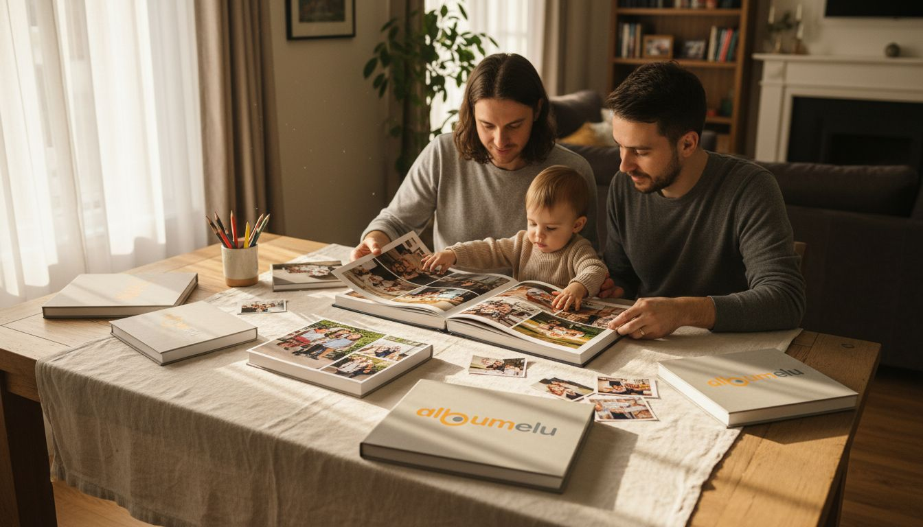 O familie care analizează și alege dintre mai multe modele de albume foto pentru a-și păstra amintirile.