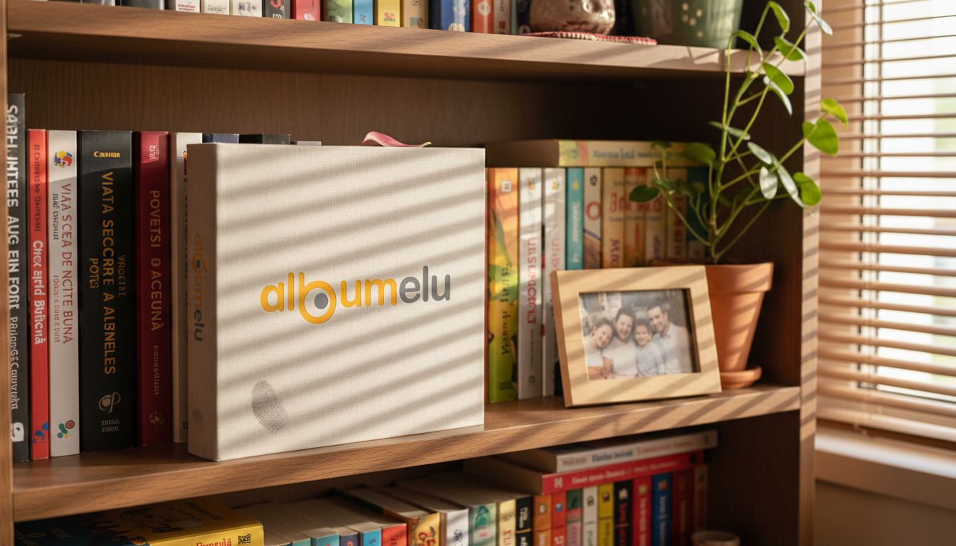 Album foto de 20x20 cm, așezat pe raftul bibliotecii din sufragerie