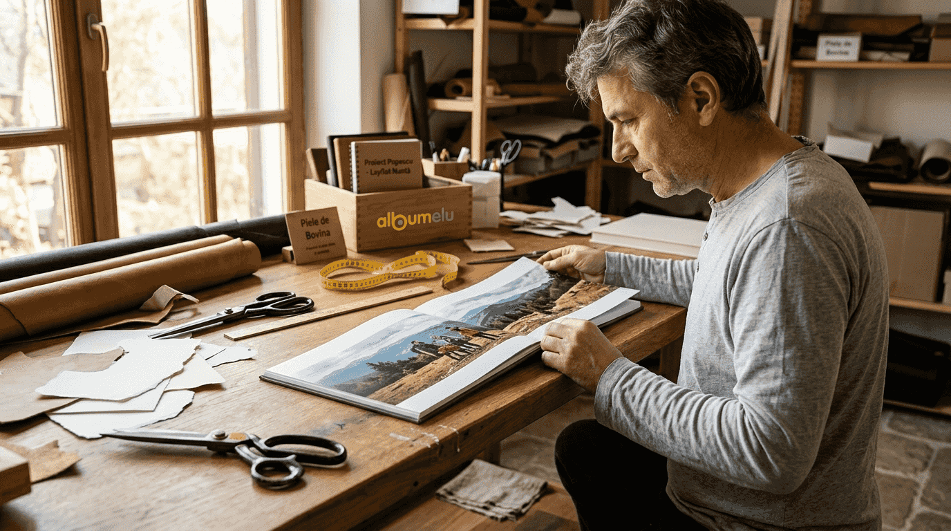 Meșter pasionat confecționând un album foto realizat manual