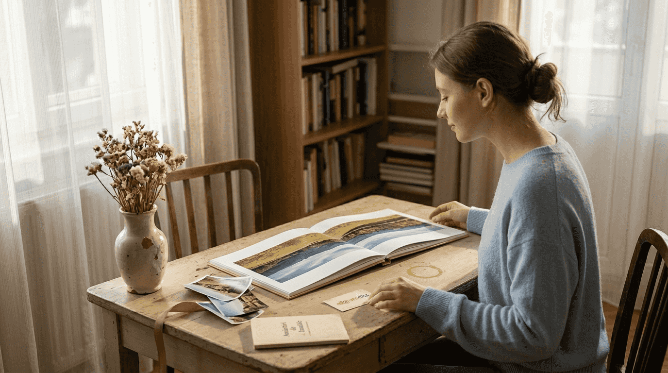 O femeie care adună cu grijă fotografiile de familie într-un album plin de amintiri și emoții.