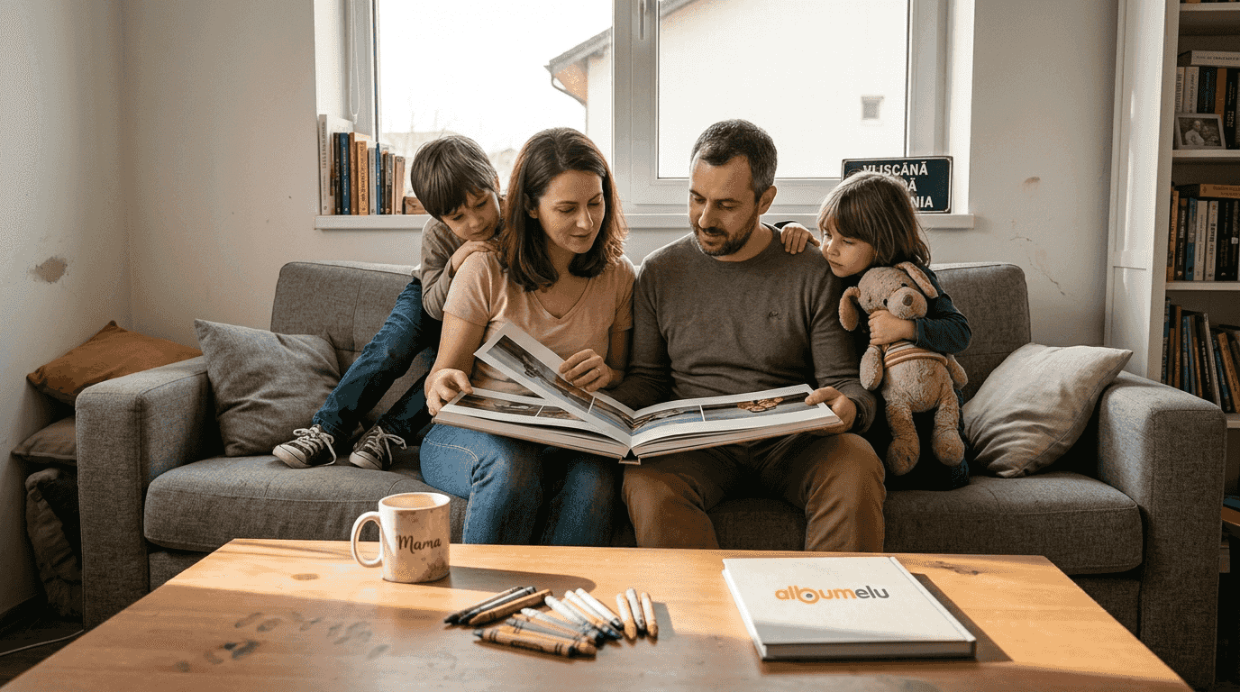 O familie adunată în sufragerie, povestind și râzând, rememorând momente dragi din trecut.