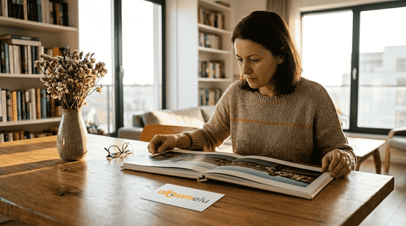 O femeie răsfoiește un album foto elegant, analizând cu atenție fiecare pagină.