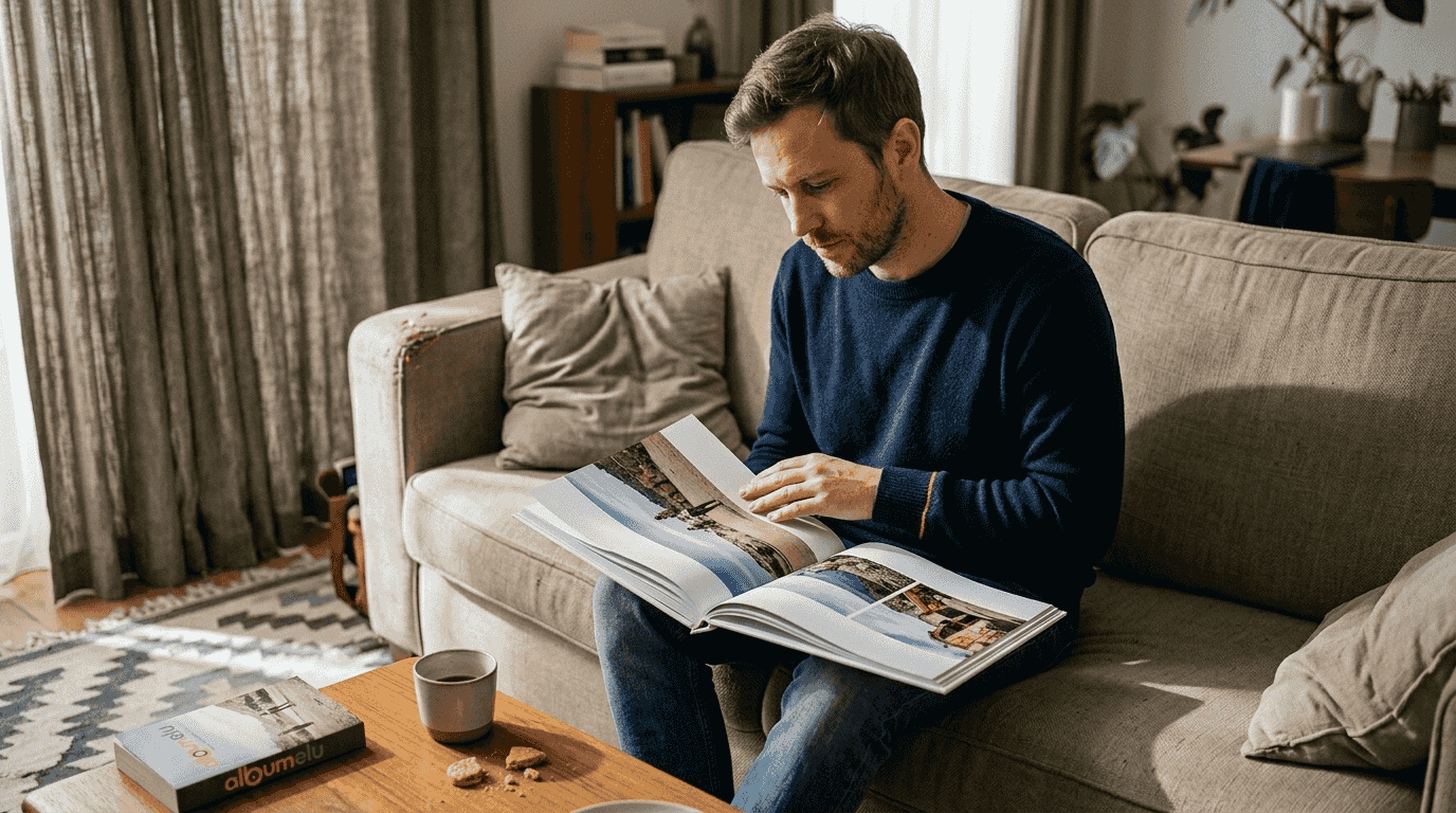 Un bărbat răsfoiește un album foto pătrat, de dimensiunea 25x25 cm.