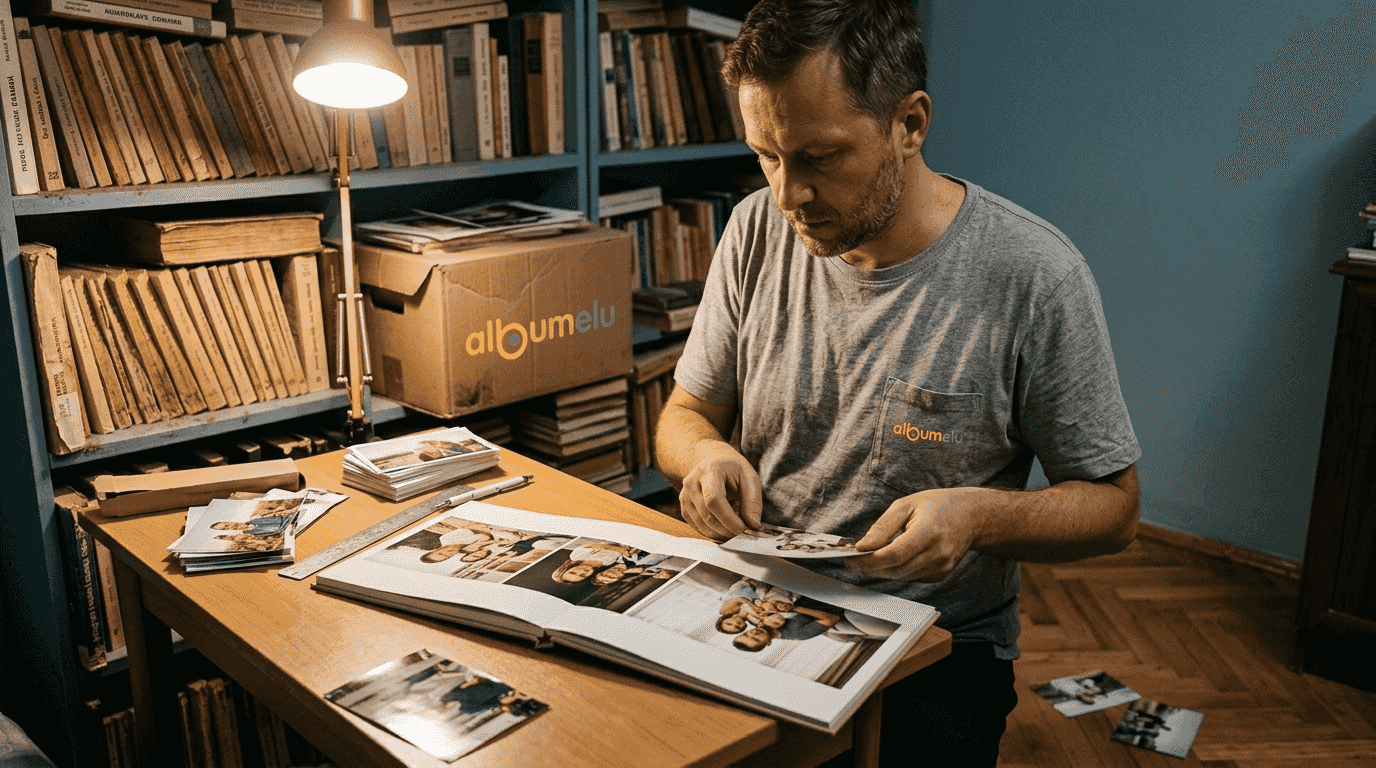 Un bărbat răsfoiește prin fotografii, încercând să aleagă cele mai reușite pentru albumul său.