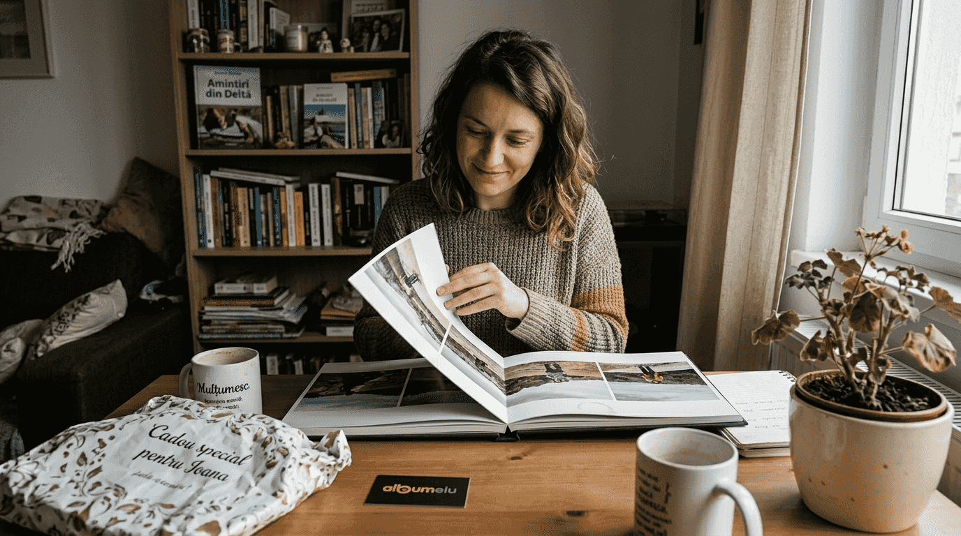 O femeie admiră cu emoție un album foto primit cadou, răsfoind paginile pline de amintiri.