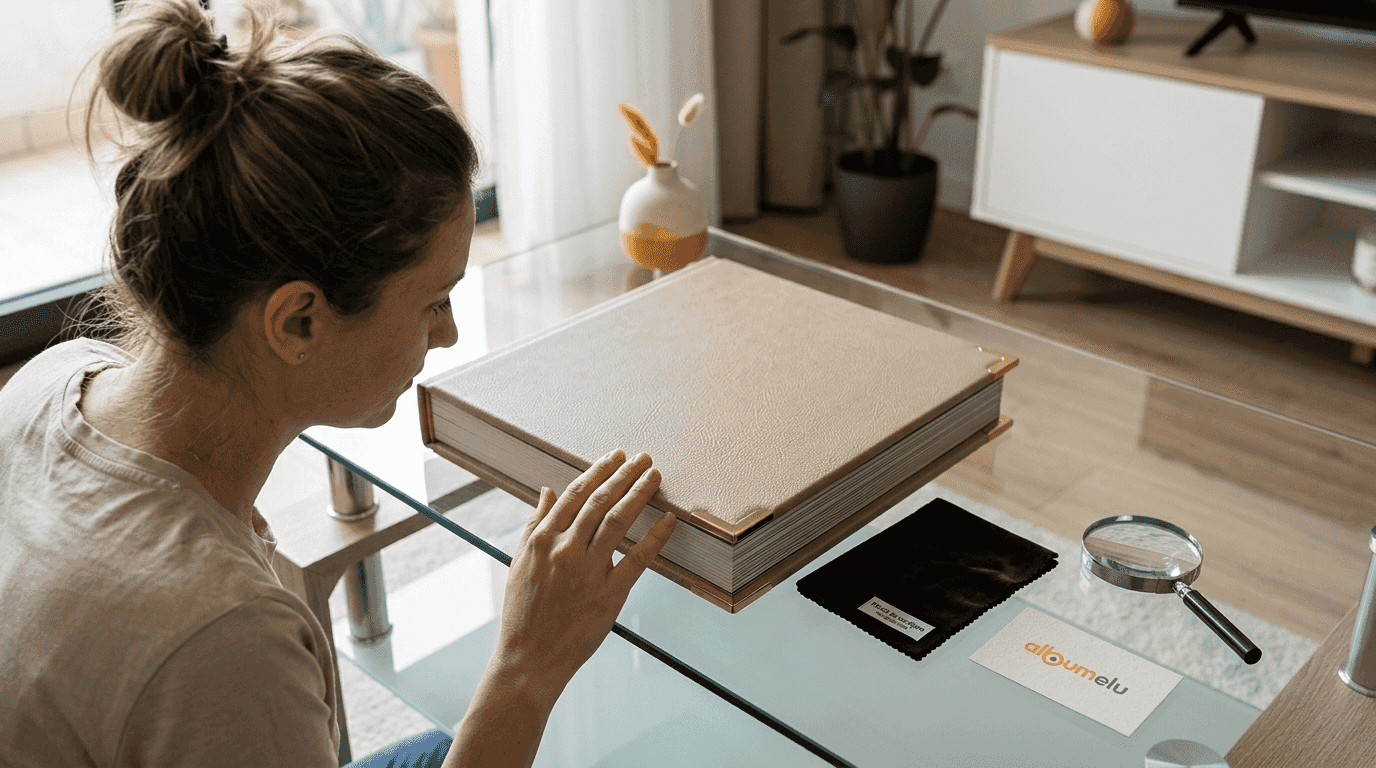 O femeie examinează atent cotorul unui album elegant