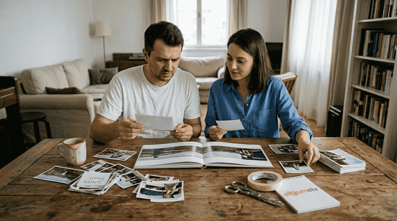 Un cuplu își confecționează propriul album foto, pus pe creativitate și amintiri unice.