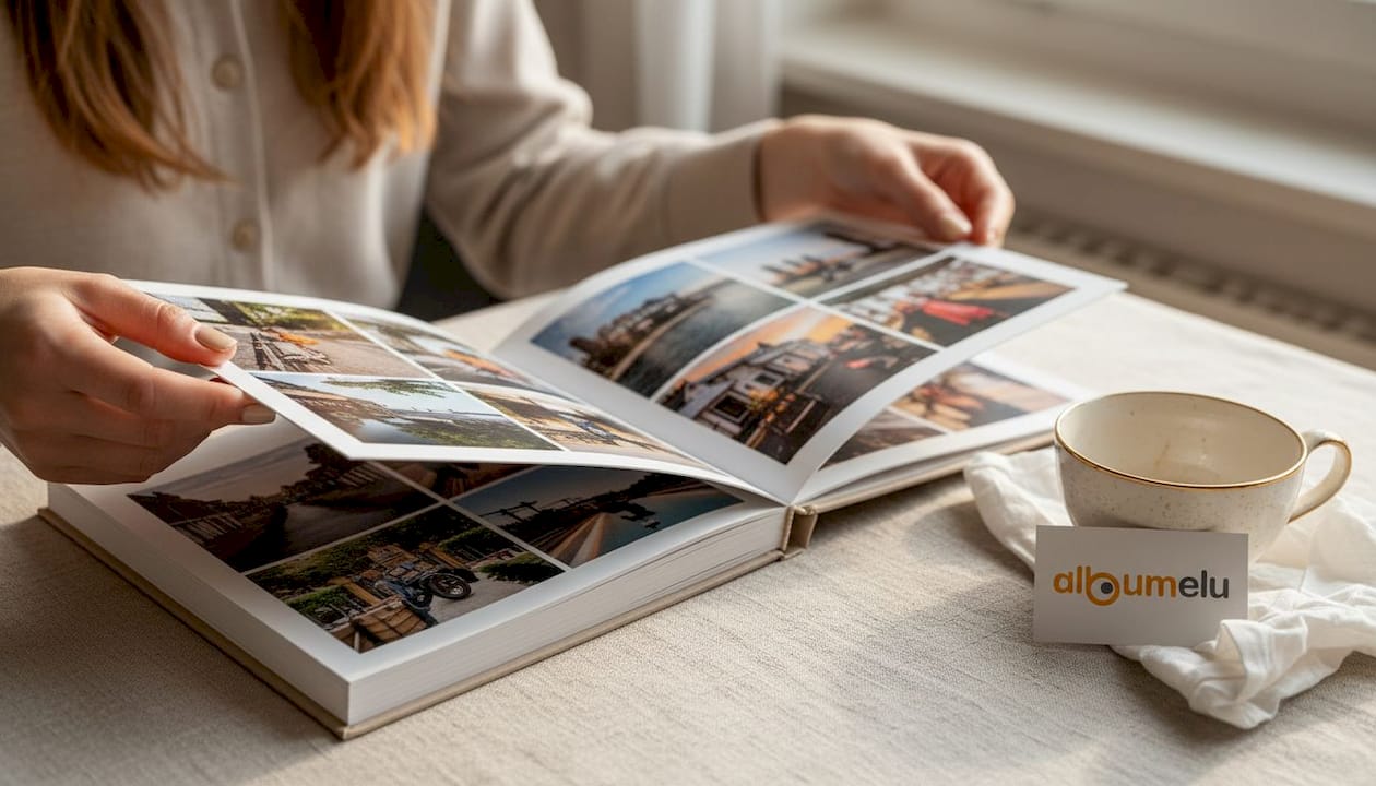 Mâini răsfoind cu grijă paginile groase ale unui album foto vechi