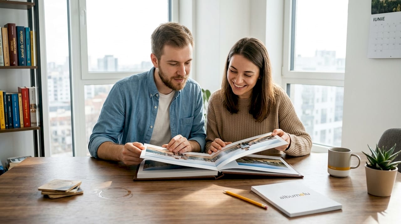 Un cuplu răsfoiește împreună un album foto elegant, cu pagini care se deschid perfect, admirând amintirile imortalizate într-un format de lux.