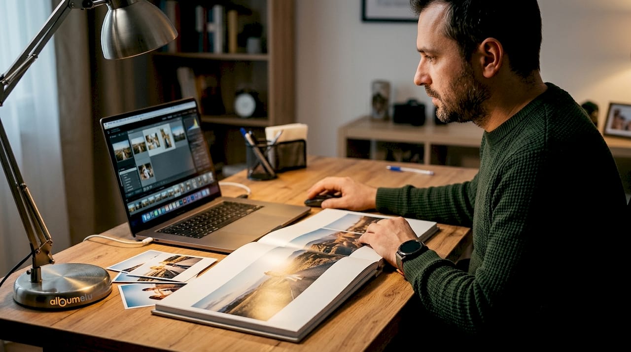 Un bărbat răsfoiește pozele pe laptop, alegându-le pe cele pe care vrea să le includă în album.