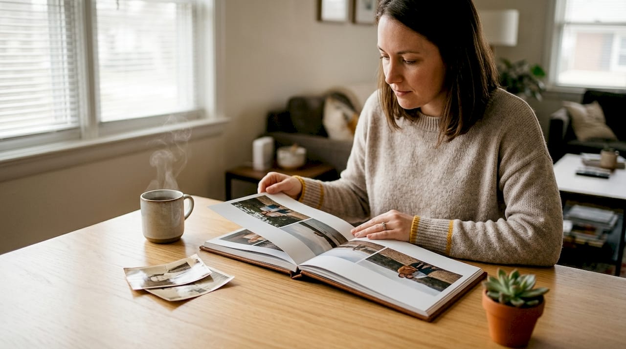 O persoană răsfoiește un album cu copertă din materiale ecologice.